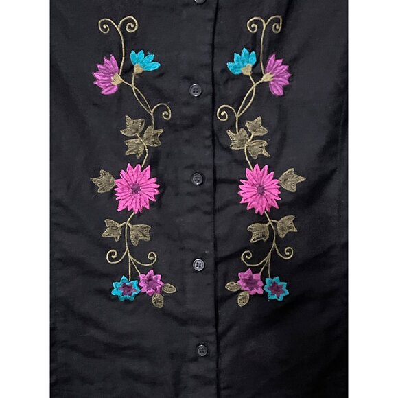 Linen Blend Black Embroidered Button-Up Top M 8/10 Beach Lagenlook Boho Western - Picture 6 of 8